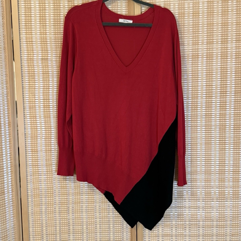 Peyton Primrose Womens‎ 1X Asymmetrical Sweater Red Black Long Sleeve V Neck Y2K